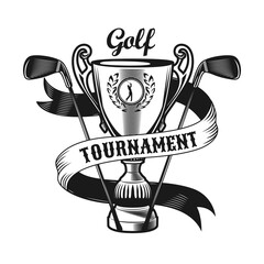 Poster - Black golf emblem or sticker vector illustration. Vintage label with golfer on cup and clubs isolated vector illustration. Sport game and championship concept can be used for template