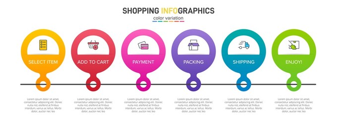 Concept of shopping process with 6 successive steps. Six colorful graphic elements. Timeline design for brochure, presentation, web site. Infographic design layout.