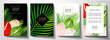 Tropical cover design set with asian flower bouquet and green palm branch. Exotic background pattern useful for wedding, menu, summer holiday poster