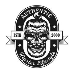 Poster - Black and white hipster style label vector illustration. Retro emblem with bearded skull in glasses for barbershop on white background. Hipster lifestyle concept can be used for retro template