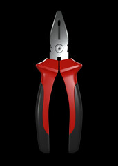 Wall Mural - Red-black pliers isolated on black background. Repair and installation tool. 3d render illustration