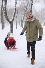 Wall Mural - Father sledding his children outside on winter day. Christmas vacation