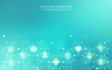 Wall Mural - Medical background with flat icons and symbols. Template design with concept and idea for healthcare technology, innovation medicine, health, science, and research.