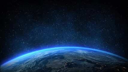 Wall Mural - Animation zoom in of Earth planet, world, globe view from above . Blue space starry in background