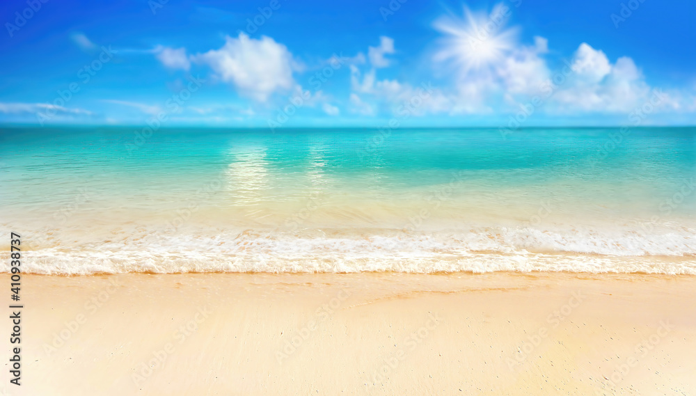 Beautiful background image of tropical beach. Bright summer sun over ocean. Blue sky with light clouds, turquoise ocean with surf and clear sand. Harmony of clean environment. Wide format. - obrazy, fototapety, plakaty 