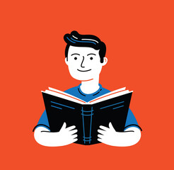 Man reading book in flat cartoon style. Education, school symbol vector illustration