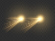 © timchig - Cars headlight effect. Realistic yellow round flares beams isolated on transparent background. Vector bright car or train lights for your design.
