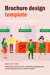 Wall Mural - People going through turnstile entrance isolated flat vector illustration. Cartoon passengers standing queue with train tickets near automatic gate in metro. Public transport and subway pass concept