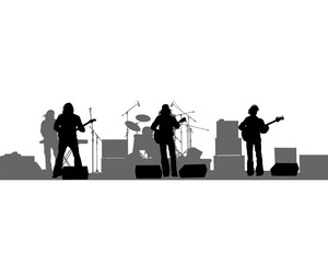 Rock band musicians on stage. Isolated silhouettes on a white background