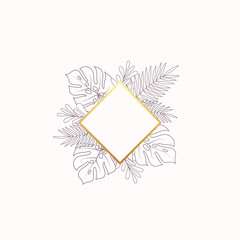 Canvas Print - Monstera and Fern Tropical Leaves Blank Banner or Label Template. Abstract Foliage with Rhombus Golden Frame. Good for Wedding or Party Invitation, etc. Isolated