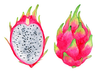 Ripe, pink dragon fruit, whole and cut, juicy illustration. Bright, exotic clipart on a white background.