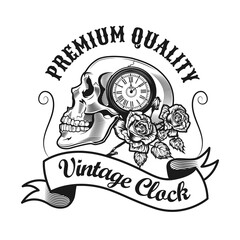 Vintage clock tattoo design. Monochrome element with skull, flowers and vintage watch vector illustration with text. Watchshop and service concept for emblems and labels templates