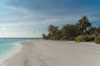 Traumhafter Strand mit Palmen und Sonnenliegen auf einer kleinen Insel auf den Malediven