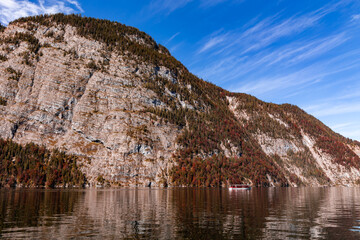 Poster - Passenger boat in autumn on the Königssee in Berchtesgadener Land, Bavaria, Germany.