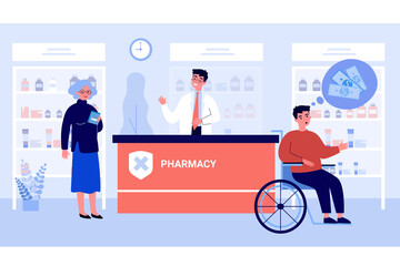 Poster - people in drug store being surprised about prices. cash, wheelchair, grandmother flat vector illustr