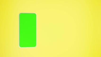 Poster - Phone white with chromakey green screen, smartphone isolated on yellow background. Template, mock up for mobile app or advertisment. Electronic digital device, cellphone blank touch screen display.