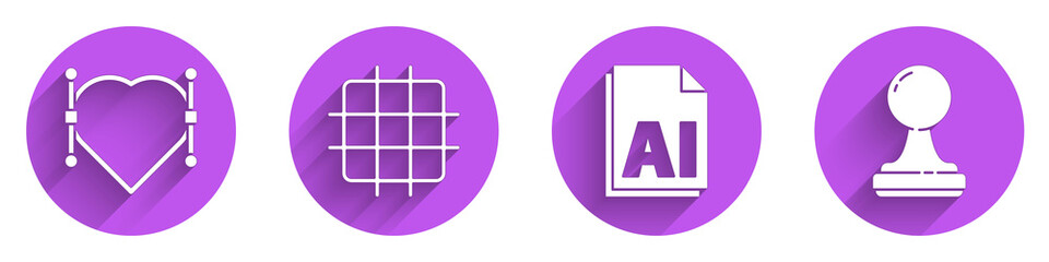 Poster - Set Heart with Bezier curve, Grid graph paper, AI file document and Stamp icon with long shadow. Vector.
