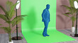 posierender, abstrakter blauer, Mann aus Blöcken im Foto Studio, grüne Fotoleinwand, Studiobeleuchtung, Deckor aus Blumen - 3D Illustration, Hintergrund,