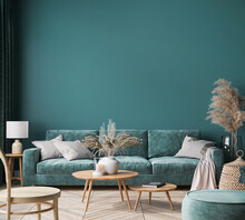 Home Interior Mock-up With Green Sofa, Wooden Table And Trendy Decoration In Green Living Room, 3d Render