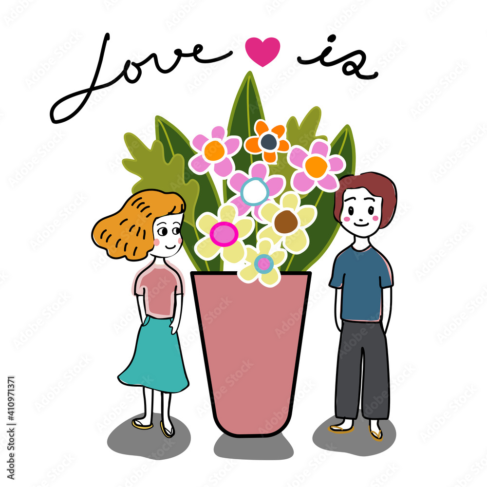 cute valentine card couple standing with big pot of flowers, can be ...