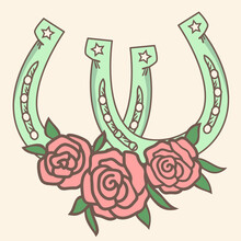 Lucky Horseshoe With Floral Decorations. Vector Vintage Illustration Clipart Isolated For Design