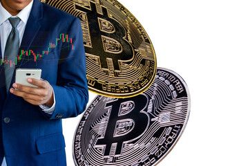 The concept of a businessman using a smart phone to trade bitcoins