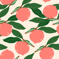 Wall Mural - Juicy Peaches, green leaves. Fresh tasty fruits. Hand drawn colored Vector illustration. Square seamless Pattern. Background, wallpaper. Perfect for textile prints, posters or wrapping paper