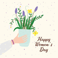 Sticker - happy womens day lettering card with hand lifting flowers house plant vector illustration design