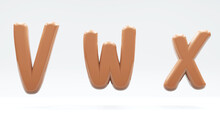 Glossy Beige And Brown. Letter V, W, X. 3D Render Of Bubble Twisted Font With Glint Isolated On White Background.