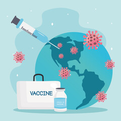 Wall Mural - covid19 virus vaccines kit with syringe and particles in earth planet vector illustration design