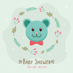 Poster - baby shower lettering card with little bear vector illustration design