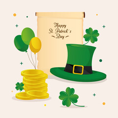 Sticker - saint patricks day lettering in papyrus with set icons vector illustration design