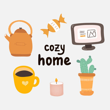 Set of retro cozy home elements with textures: cacti in the pot, cup of coffee, lighted candle, candy, kettle, computer monitor. Vector hand drawn illustrations. For craft, fabric, sticker, scrapbook.