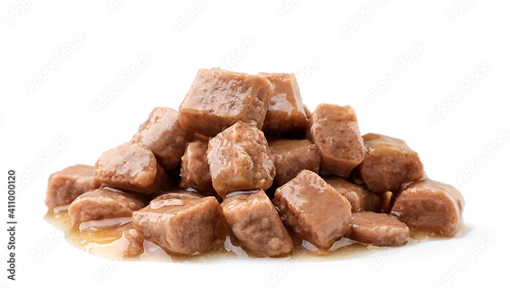 Heap of wet pet food on a white background. Isolated