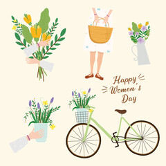 Sticker - happy womens day lettering card with woman and bicycle vector illustration design