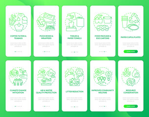 Biodegradable waste reducing onboarding mobile app page screen with concepts set. Welfare, conservation waste walkthrough 5 steps graphic instructions. UI vector template with RGB color illustrations