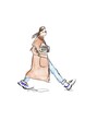 Hand-drawn abstract fashion illustration sketch of a silhouette of walking imaginary girl in a street look : cashmere coat, jeans, sneakers, holding bag, in sunglasses, on white background