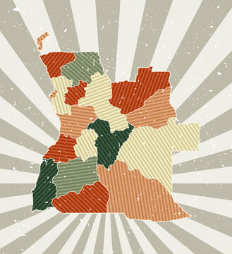 Angola vintage map. Grunge poster with map of the country in retro color palette. Shape of Angola with sunburst rays background. Vector illustration.
