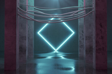 Fototapete - 3d rendering of neon lighten rotated square shape in front of concrete pillars connected with cables