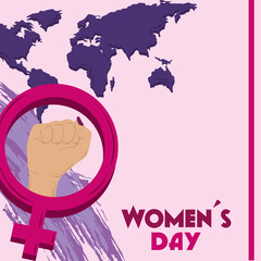 Poster - womens day, female hand gender sign and world map background card