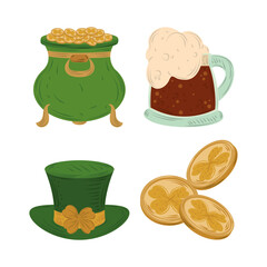 Canvas Print - happy st patricks day icons cauldron beer hat and coins flat vector