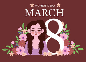 Poster - Womens Day 8 march and girl flowers floral card