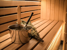 Sauna Bucket With Broom Hot Steam Sauna Wooden Bench