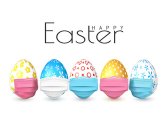 Poster - Happy Easter. Color Easter egg in medical face mask on white background. Vector illustration