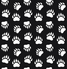 Vector Seamless Pattern Of White Hand Drawn Bear Paw Footprint Isolated On Black Background