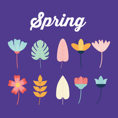 Poster - lyrics of spring and set of flowers on a purple background