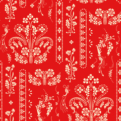 Katazome floral seamless border. Traditional Japanese technique using a katagami stencil. Oriental ornamental pattern. Shibori arranged in small dots to form a flower branch border design.