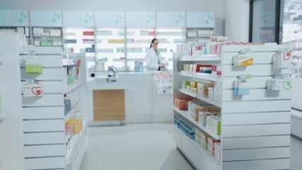 Wall Mural - Modern Pharmacy Drugstore with Shelves full of Packages Full of Modern Medicine, Drugs, Vitamin Boxes, Supplements. In Background Professional Pharmacist Working at Checkout Counter. Static Shot