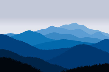 vector illustration of beautiful scenery mountains in dark blue gradient color