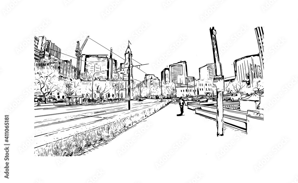 Building view with landmark of Adelaide is the capital city of South Australia. Hand drawn sketch illustration in vector. - obrazy, fototapety, plakaty 